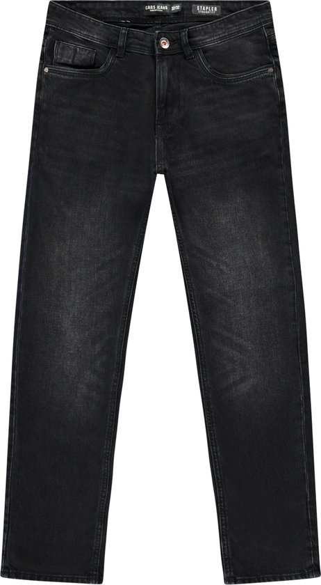 Rechte donkergrijze denim jeans met lachrits. Sluiting met knopen en rits.
