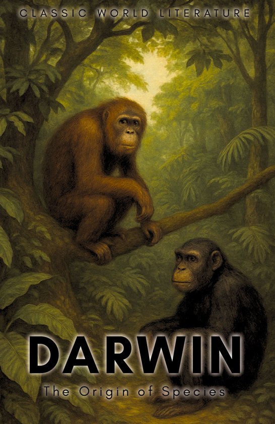 Een orang-oetan zit op een tak in een weelderige jungle, met een chimpansee lager op de grond. Tekst: CLASSIC WORLD LITERATURE, DARWIN, The Origin of Species.