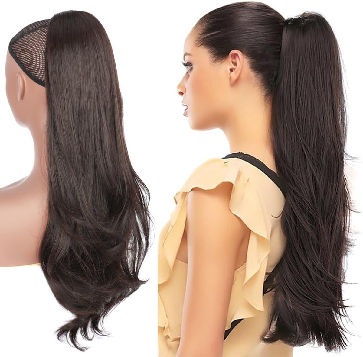 Lang Steil en Golvend Haarstuk voor Vrouwen - 65 cm Donkerbruin Ponytail Haarextensions met Trekkoord, Natuurlijke Look en Gemakkelijk te Dragen