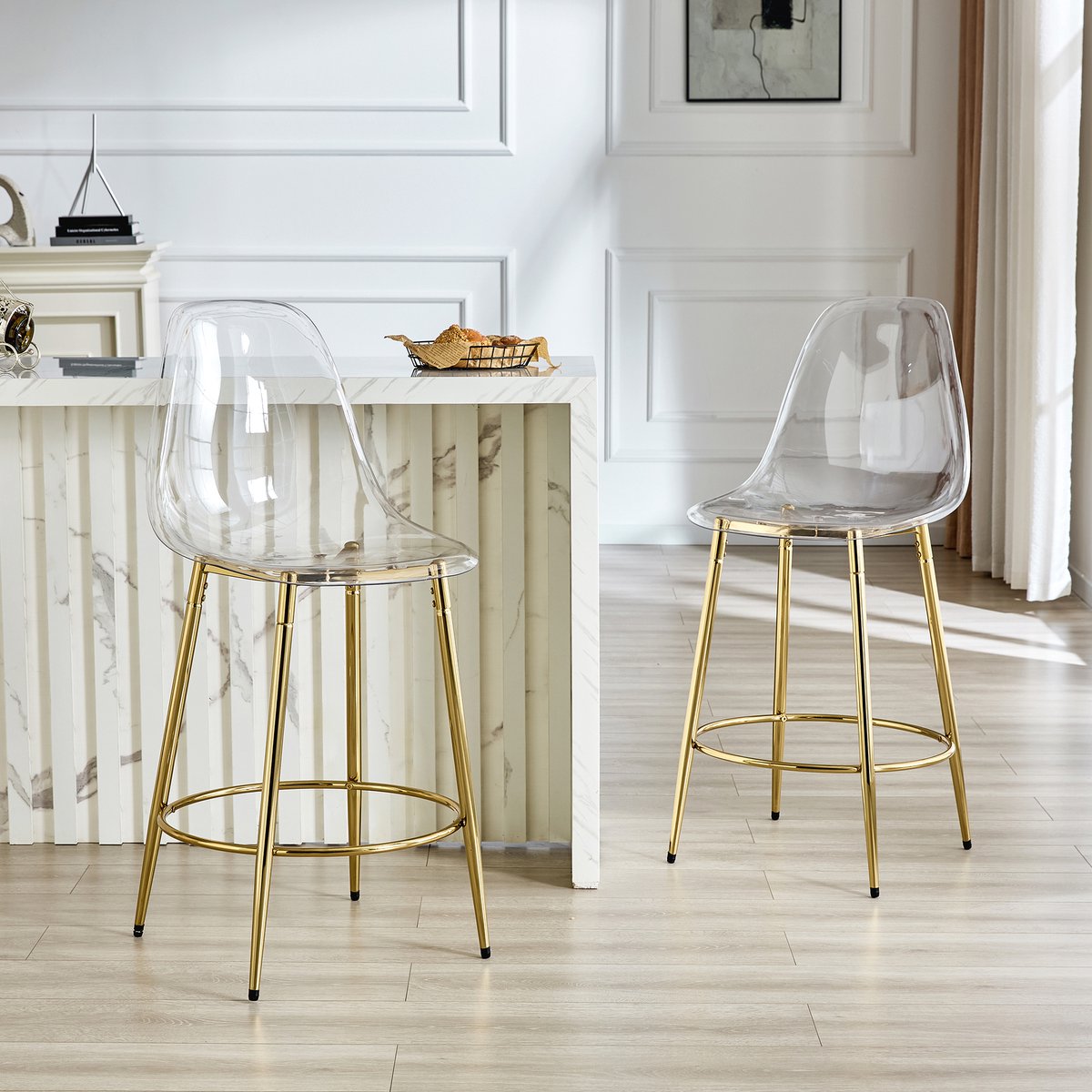 REDOM Barkrukken Set Van 2 - Transparante Rugleuning - Modern - Voor Keukenbar - Metaal en Kunststof - Goud, Transparant