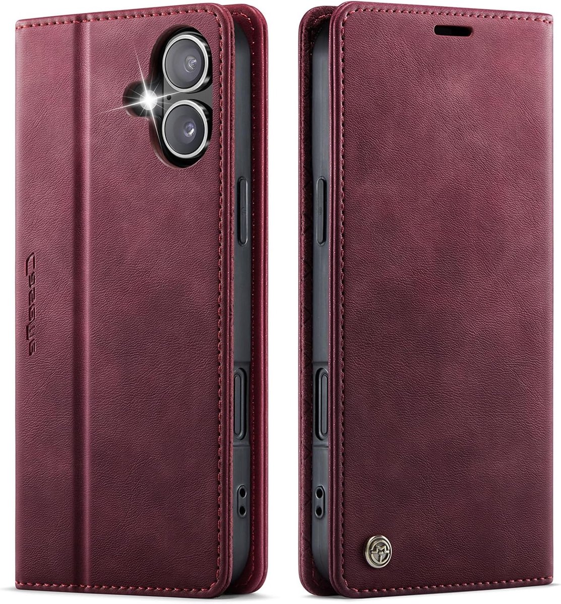 Premium PU Leren Flip Case voor iPhone 17 met RFID Bescherming, Vouwbare Stand en Kaartsleuf - Wijnrood