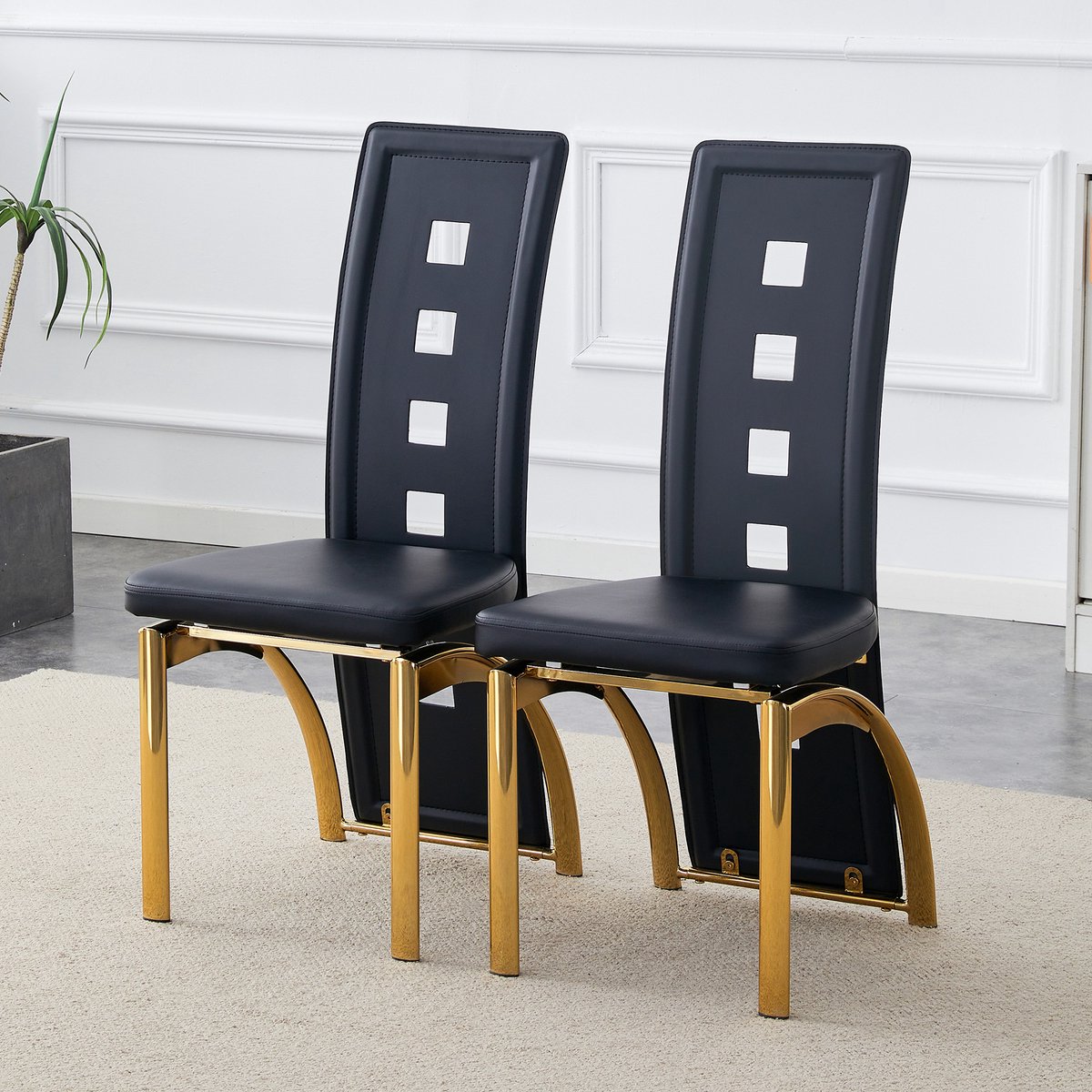 MODFU Eetkamerstoelen set van 2 - Geperforeerde rugleuning - Modern design - Eethoek - PU-leer en metaal - Zwart en goud - 43×49×102,5 cm Zwart+Goud