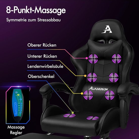 ALFORDSON Gaming massage stoel, racestoel met hoofdsteun, ergonomische bureaustoel, relaxfauteuil, opvouwbare voetensteun, ademend PU-leer, in hoogte verstelbaar, draagvermogen 180 kg, zwart — afbeelding 4