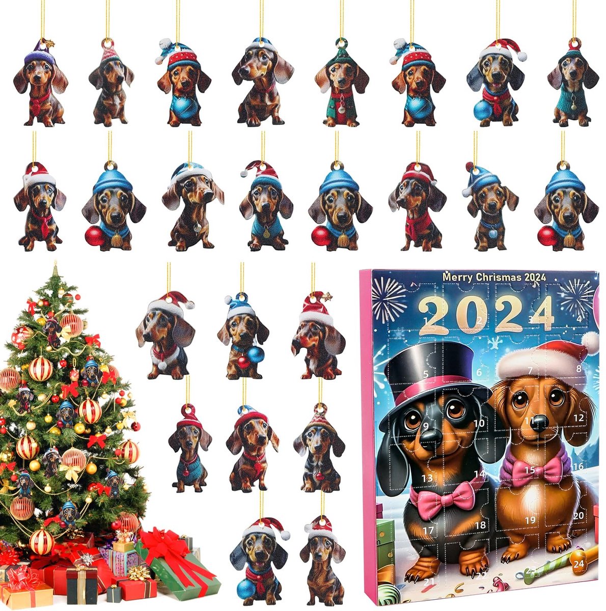 Dailygoods- Kerstboomversiering Adventskalender 2024 - 24 Dagen Aftelpuppy - 2D Acryl Hanghanger - Perfect voor Kinderen - Eenvoudig te Gebruiken