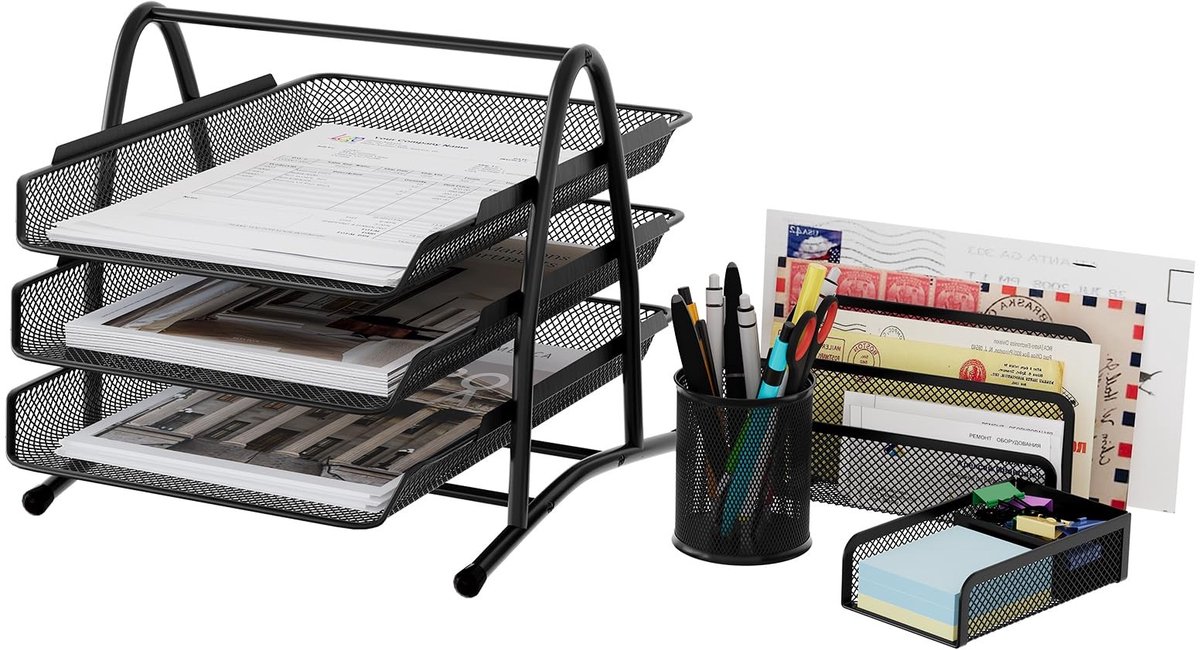 Dailygoods- Organizerset 4-delig - Bureau Organizer - Pennenbakje - Notitiehouder - Brievenbak - Duurzaam roestvrij staal - Bureauorganizer