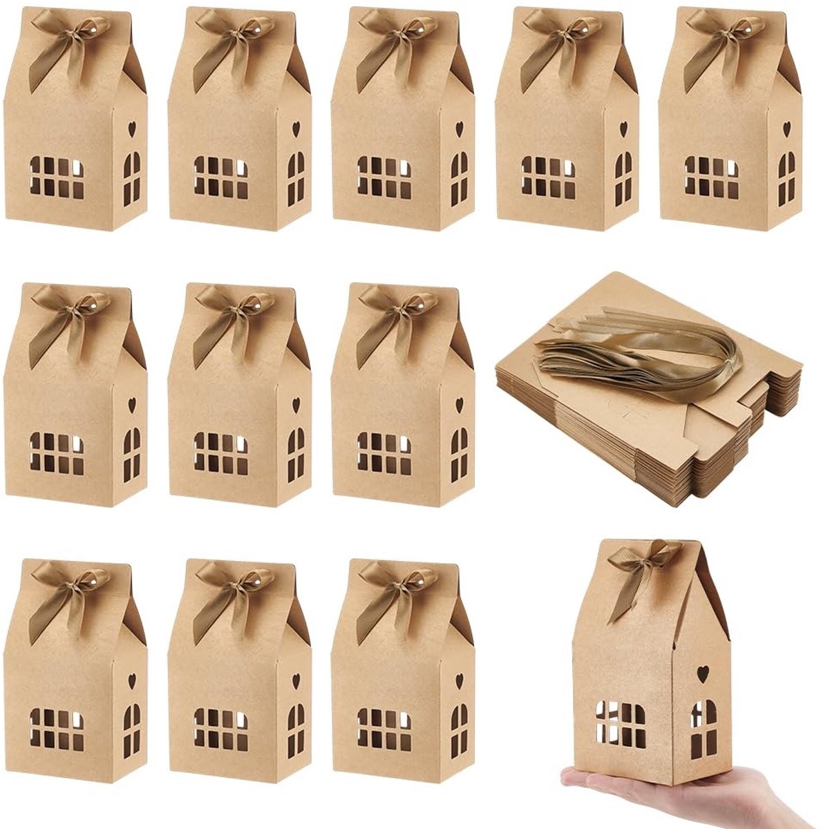 Dailygoods- Geschenkdozen 20 Stuks - Huisvormige Papieren Dozen - Bruin met Lint - 7x10x10 cm - Perfect voor Feestelijke Verpakkingen - Romantisch Ontwerp - Cadeauverpakking