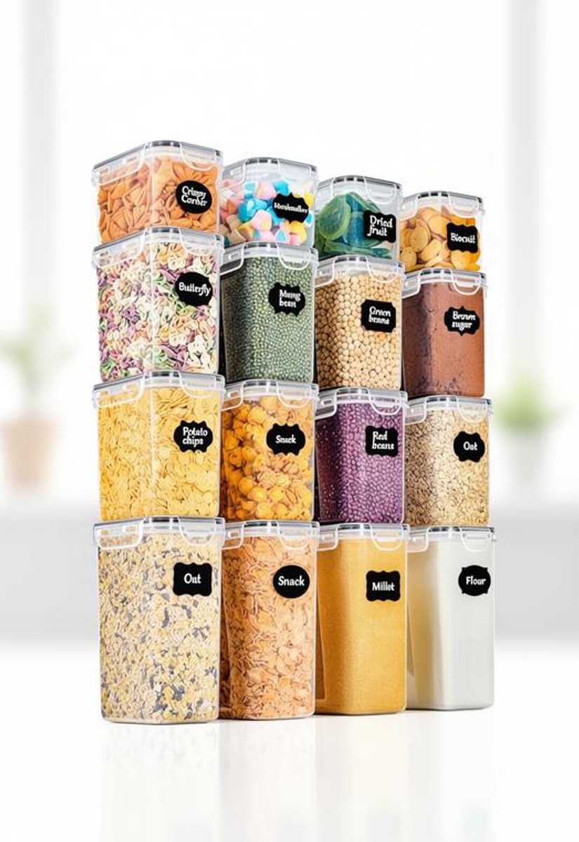 ElleMooi Voorraaddozen set 16-delig - Luchtdichte keukenorganizer kunststof met deksel - 1,7L, 1,25L, 0,75L - BPA-vrij