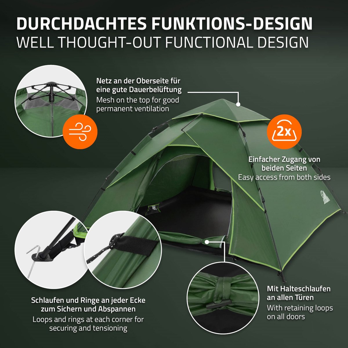 Pop-up tent voor 4 personen, kampeertent outdoor groen, dubbelwandige koepeltent met 2 deuren, waterdicht & winddicht met draagtas – foto 6