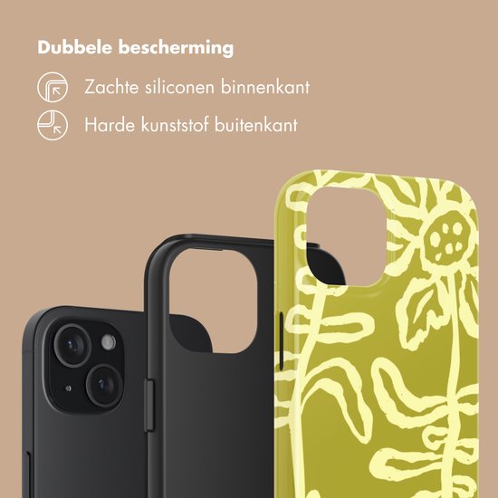Lichtgroene telefoonhoes met gele bloemenprint, zachte siliconen binnenkant en harde kunststof buitenkant.