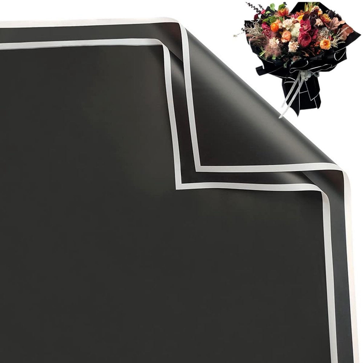 ZEYNOMAX- Inpakpapier Waterdicht - Zwart-Witte Rand - Bloemen - 58 x 58 cm - Cadeaupapier - Verpakking voor Boeket