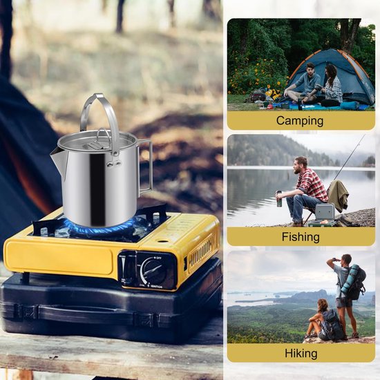 1 stuk - Camping waterkoker - draagbare koffiepot - buitenpot voor kamperen - met handvatten en deksels voor kamperen - wandelen - picknicken en backpacken(1,2 liter,zilverkleurig) — afbeelding 3