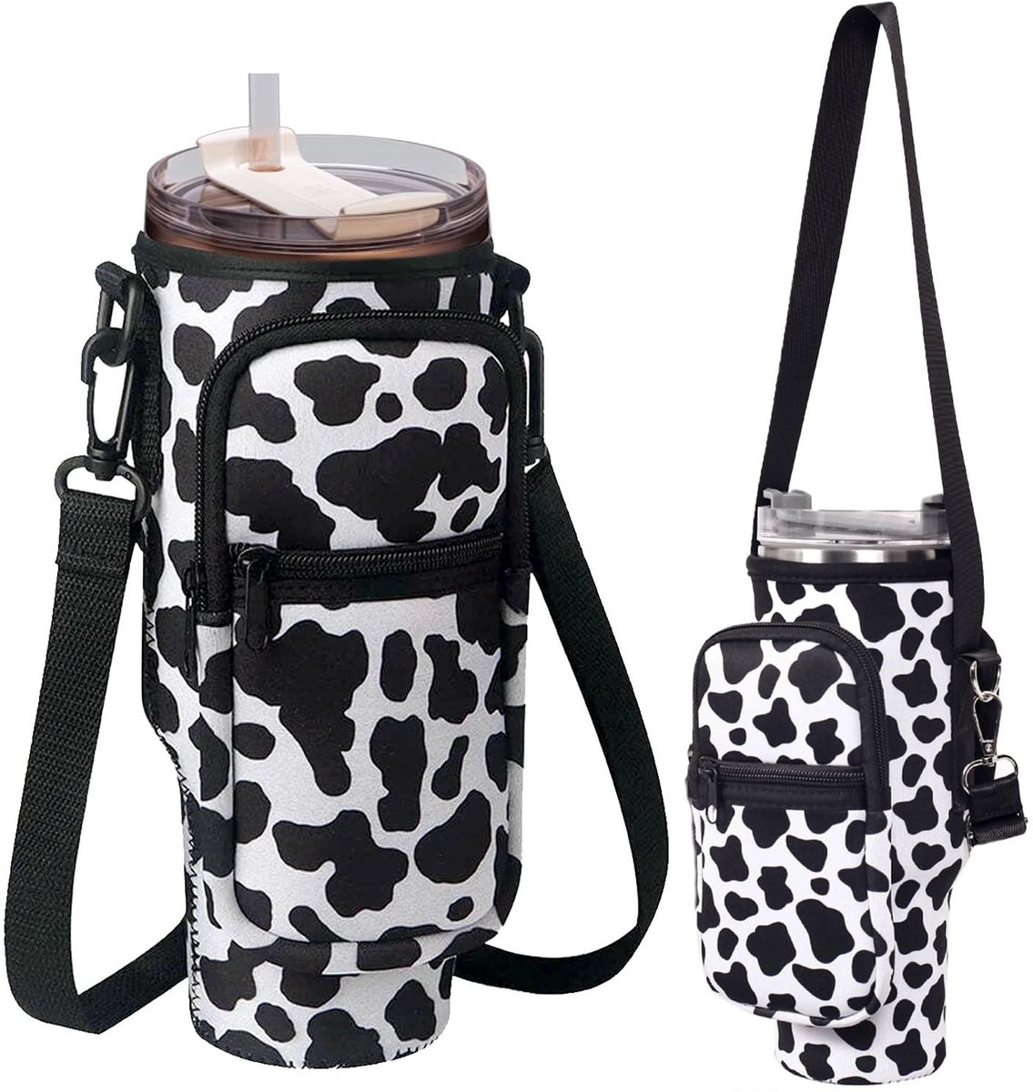 Dailygoods- Flessentas met koeienprint - Verstelbare schouderriem - Flessendrager voor 1,2 l - Draagbare waterfles - Perfect voor glazen van 100 gram - Veilig en praktisch - Waterfleshouder