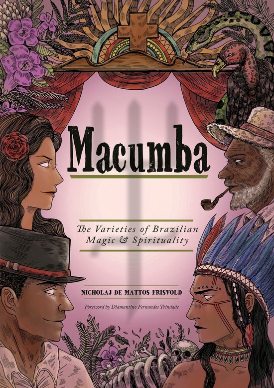 Boekomslag Macumba met illustraties van Braziliaanse spirituele figuren, een kruis en tropische flora.