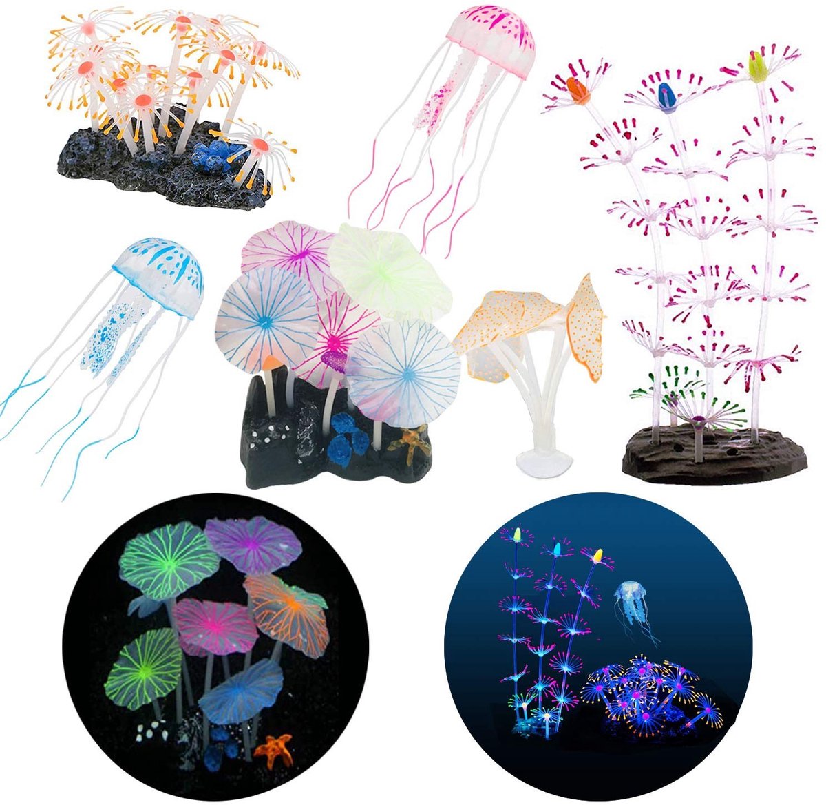 LAUZY- Aquariumdecoratie 6 Stuks - Lichtgevende Kunstplanten - Siliconen Gloeiende Anemoon/Kwallen - Duurzaam en Niet Giftig - Ideale Decoratie voor Aquarium - Aquariumversiering