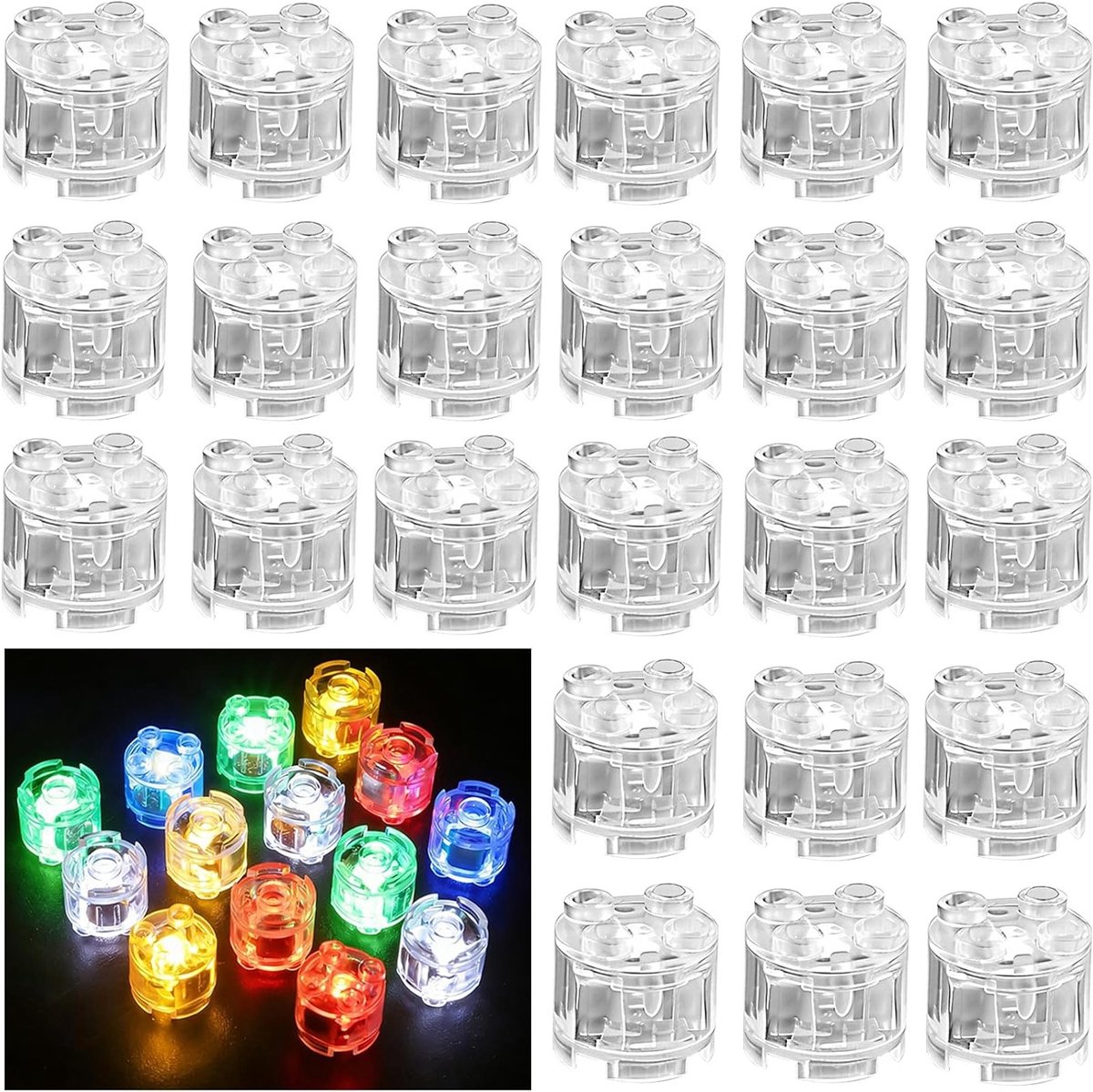 24 Stuks Luminous Bouwstenen Set, 2 x 2 LED Licht Blokken, Transparante Ronde Bouwstenen, Creatief Speelgoed voor Kinderen, Compatibel met Diverse Bouwsystemen