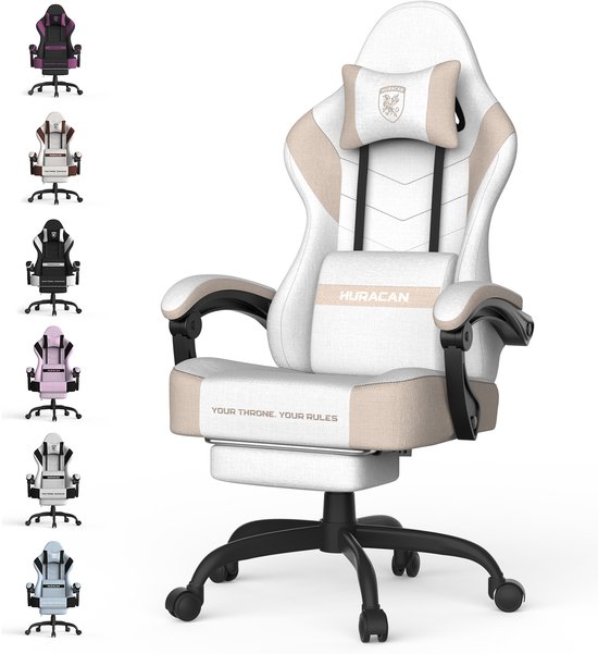 Wit en beige gamestoel met voetsteun, naast zes stoelen in andere kleuren.