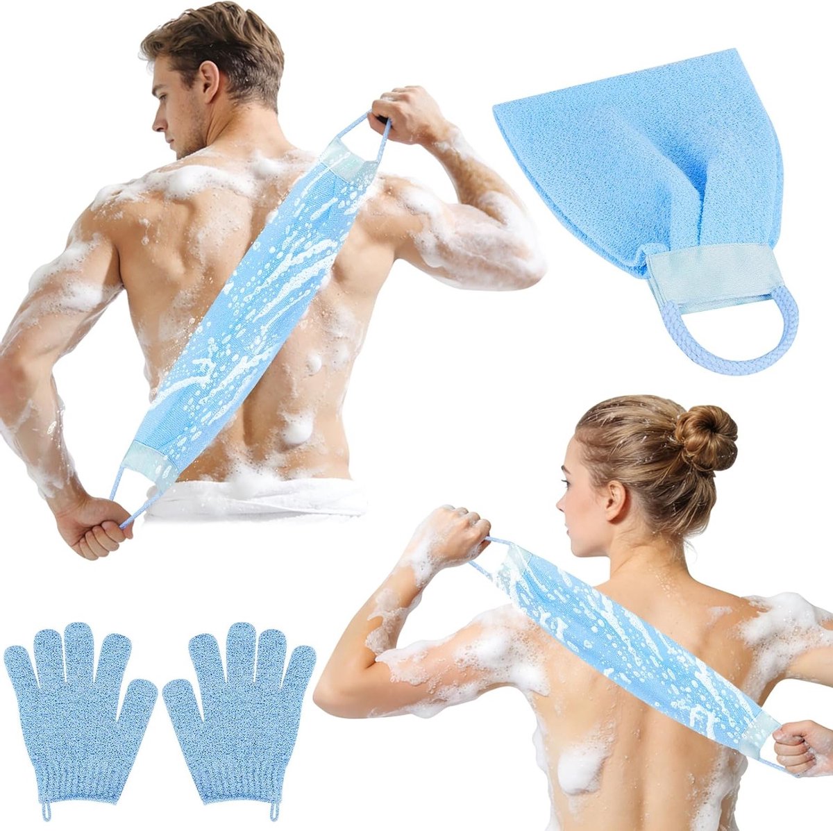 SnelShoppen - Body Scrub Handschoen voor de Rug, 3-delige Exfoliërende Set met 2 Peeling Handschoenen en 1 Doucheborstel met Handvatten, Badaccessoire