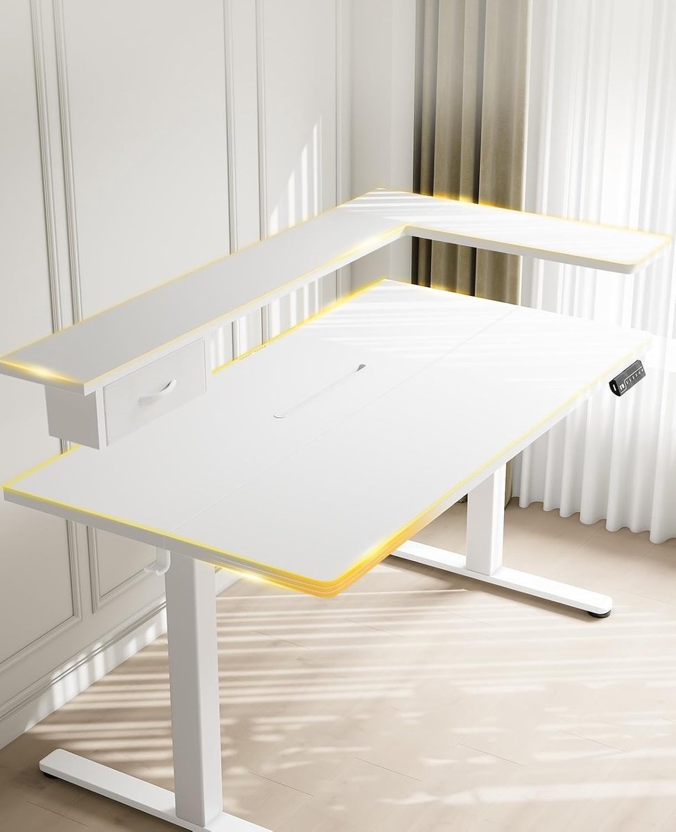 Premium elektrisch zit-sta bureau met L-monitorarm, lade en USB-poorten, 120 x 60 cm ergonomisch werkstation, in hoogte verstelbaar 72–118 cm, wit