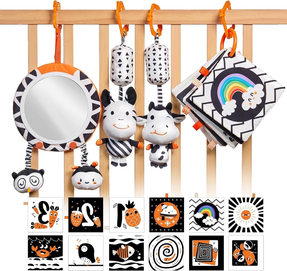 Contrast Black White Baby Stroller Speelgoed voor Baby's van 0 tot 8 Maanden, 4-delige Set met Contrasterende Boeken en Grijp Speelgoed, Ideaal als Cadeau voor Babyontwikkeling