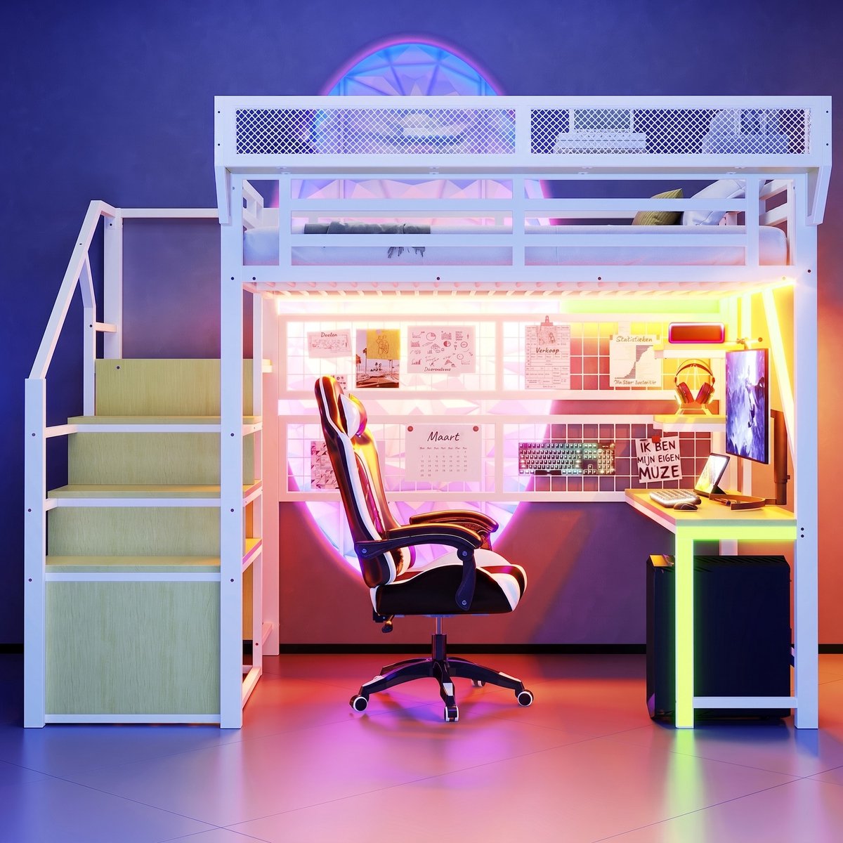 VVBV Hoogslaper 140x200 met bureau / Hoogslaper met bureau – met Kledingkast, Opbergrekken, Opbergruimte, LED-Verlichting, Veiligheidshek – Metaal – Wit White