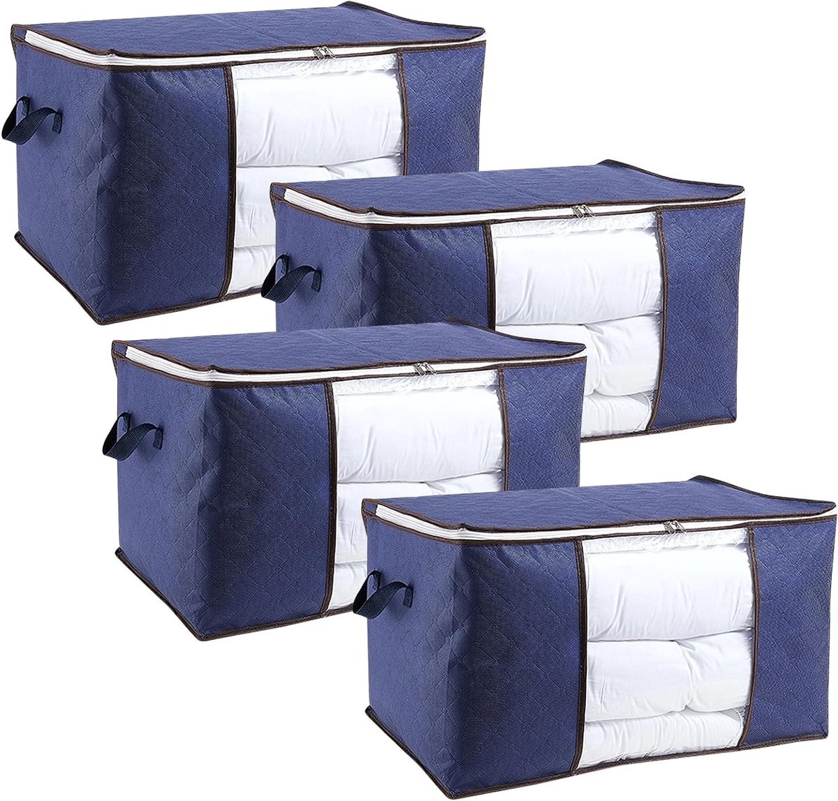 Grote Opbergzakken voor Kleding, 4 Stuks, 90 Liter, Vouwbare Opbergdozen met Deksel, Ideaal voor Onderbed en Kast, Met Duidelijk Venster en Handvatten voor Kleding en Dekbedden