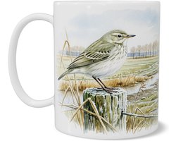 Aquarel Series mok met Waterpieper - Anthus spinoletta in Hollands drassig polderlandschap - Realistische vogel illustratie met molen - Stijlvolle koffiemok en theemok voor vogelaars en natuurfans