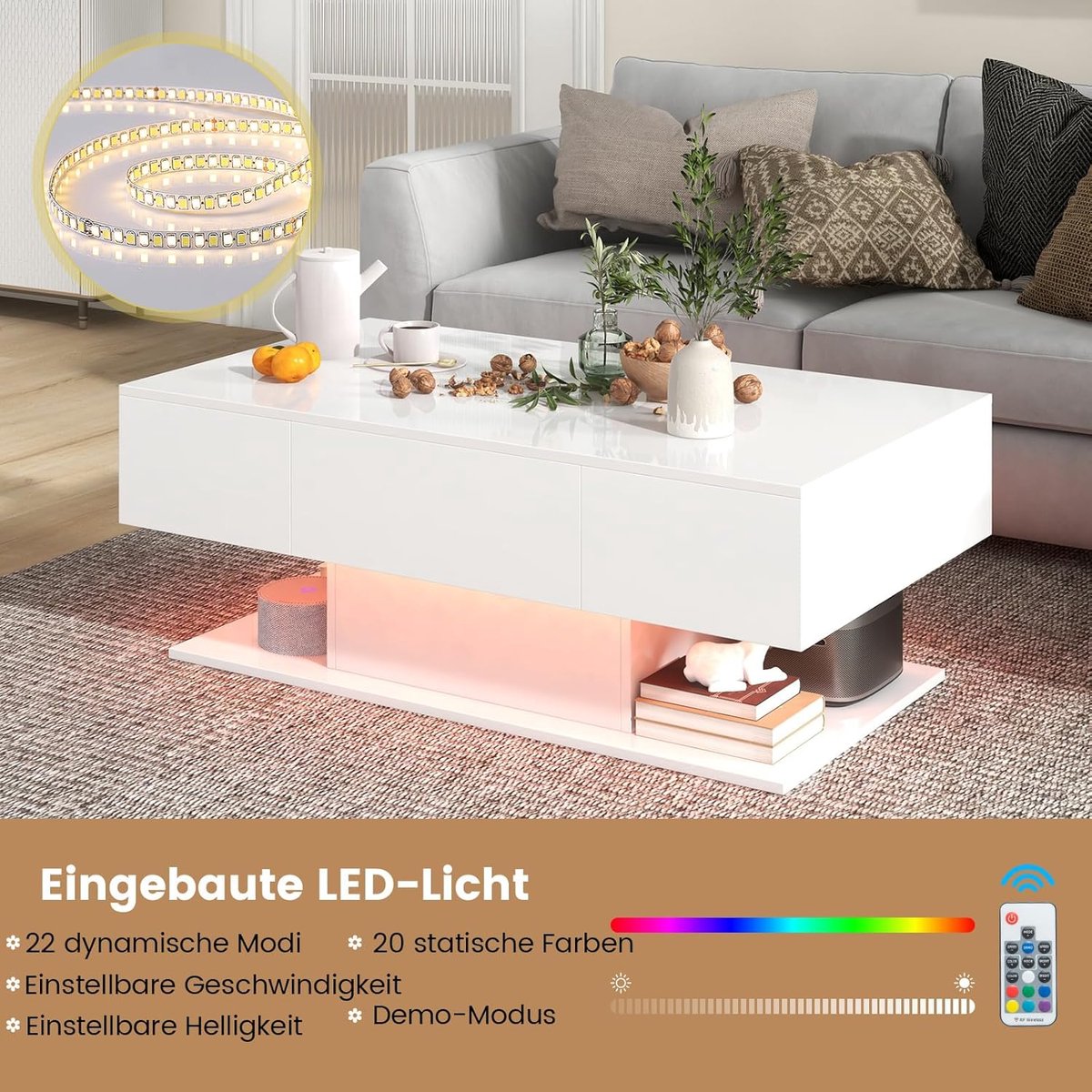 Salontafel LED met Verlichting – House&Garden Luxe Hoogglans Woonkamertafel 110x60x40 cm met 20 Kleuren RGB, Afstandsbediening, 2 Laden & Opbergplank – Moderne Koffietafel Wit Hoogglans Design