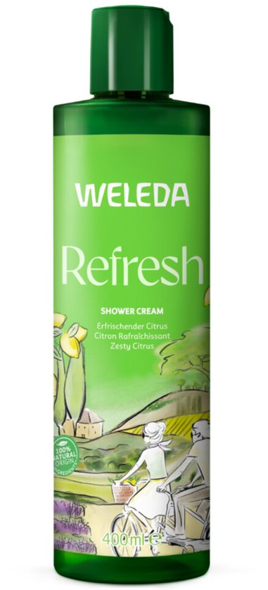 Fles Weleda Refresh Shower Cream met groene dop, met landschap van citrusbomen en boerderij.