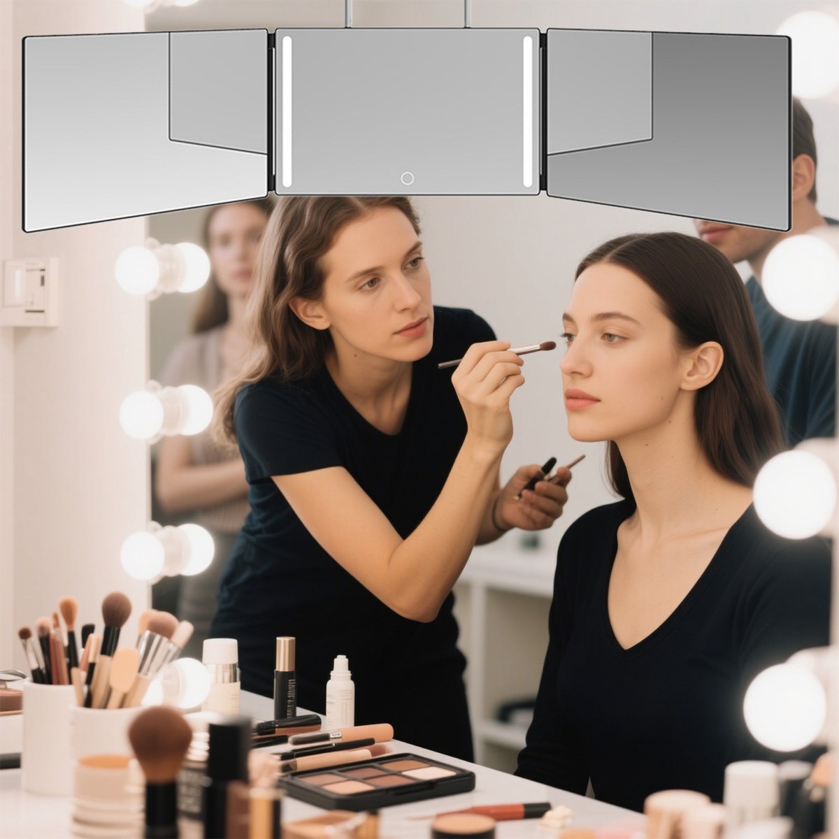 FloraGrace Make-upspiegel - Driedelige Make-up Spiegel met LED Licht, Opvouwbare Beauty Spiegel, 360° View, Hangende Spiegel, USB Oplaadbaar, ABS + Glas, Zwart