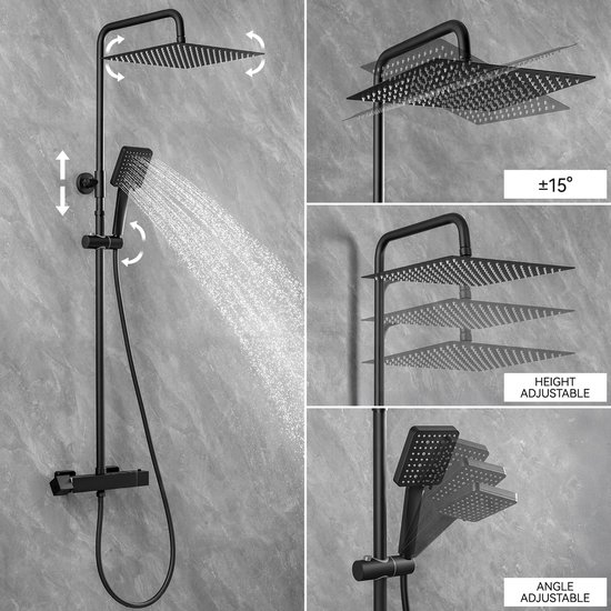 Sofetiy Max Regendouche - Ø 30 cm - Handdouche Met 6 standen - Waterbesparend - Inclusief thermostaatkraan - Zwart