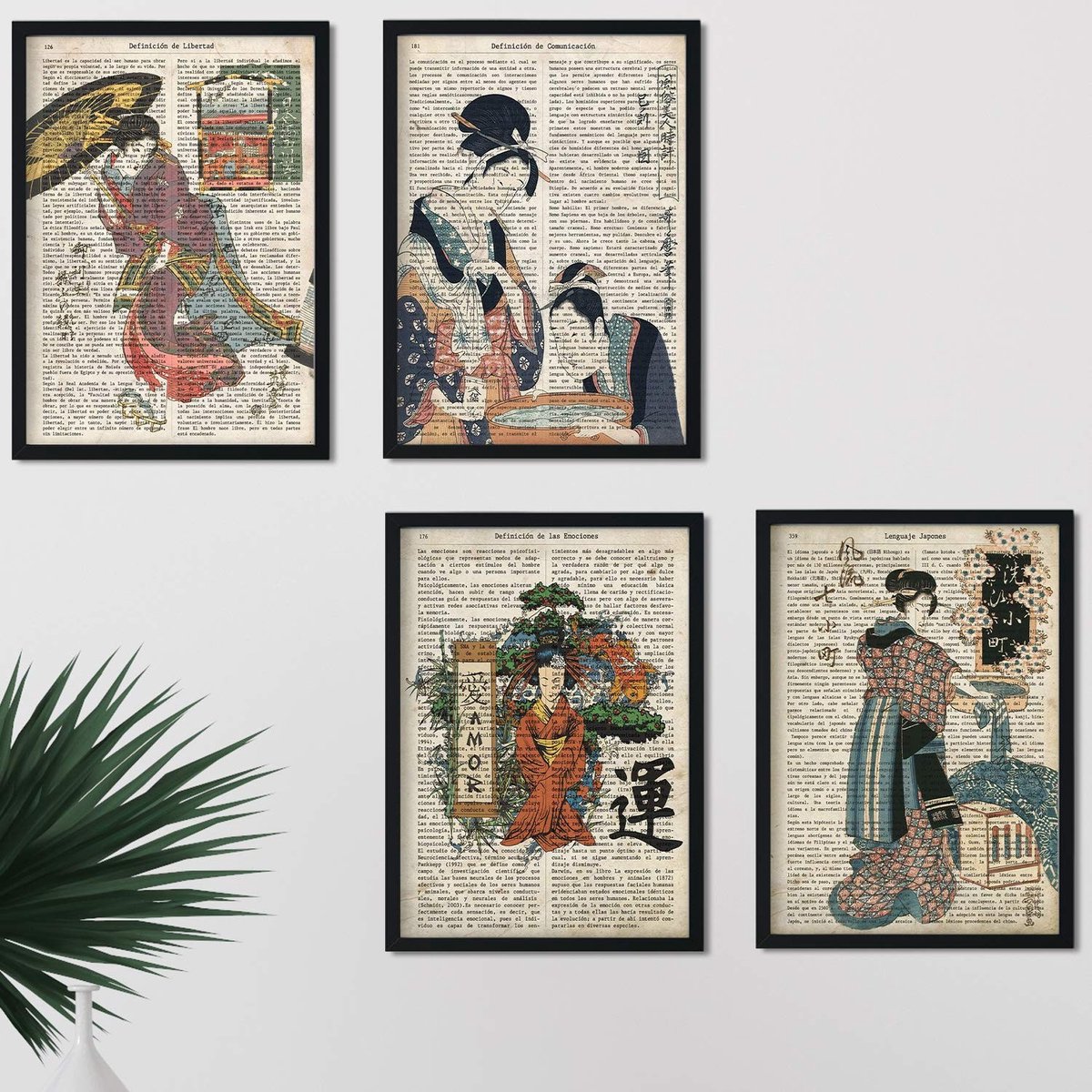 Dailygoody - Japanse vintage vellen - A4-formaat - ingelijst - kunstprints - interieurdecoratie - 4 stuks - perfect voor huisdecoratie