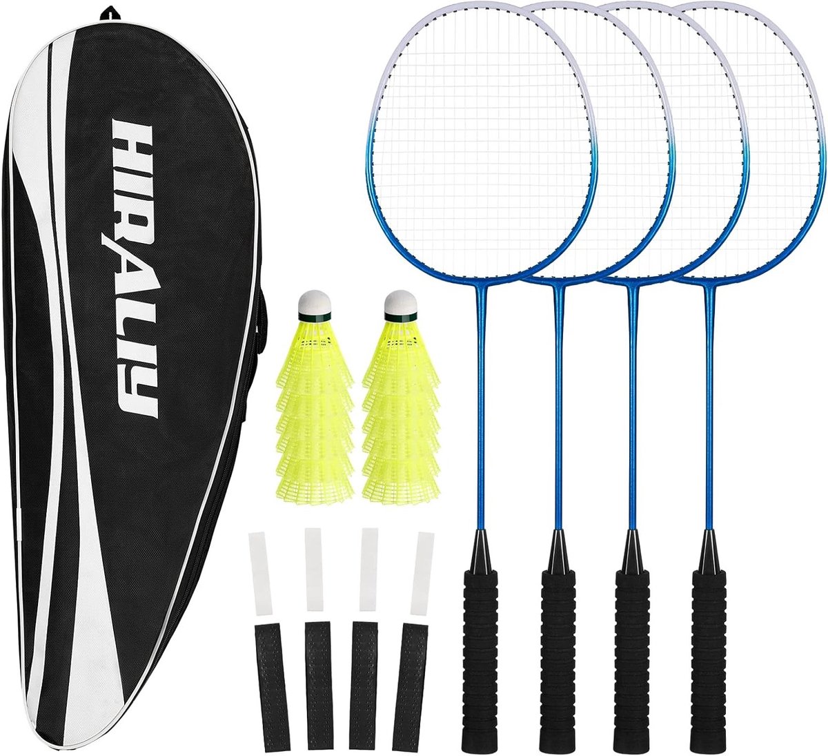 Set van 4 Badminton Rackets voor Buiten, Inclusief 12 Nylon Shuttlecocks en Grip Tapes voor Spelplezier in de Achtertuin