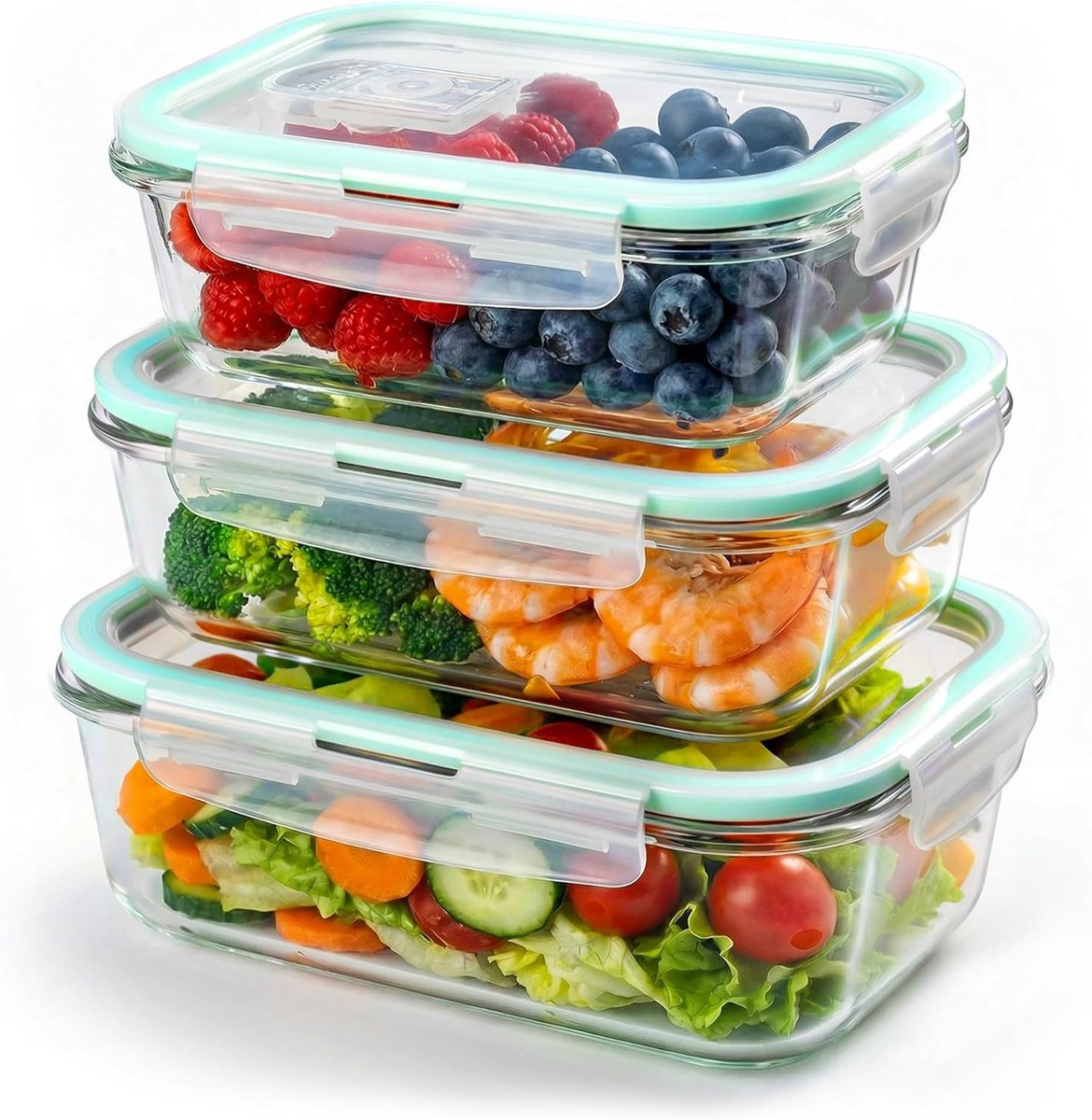 Set van 3 glazen bewaardozen met deksels, vaatwasserbestendig, magnetron- en ovenbestendig, BPA-vrij, ideaal voor voedselopslag en maaltijdprep (1050 ml, 680 ml, 410 ml)