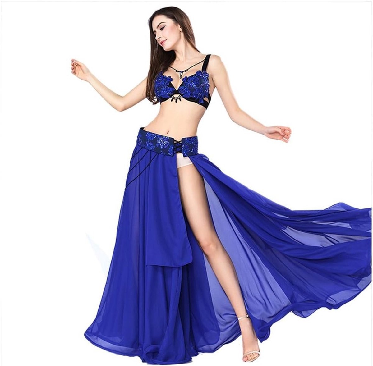 Elegante buikdansset voor vrouwen met chiffon rokken, borduurwerk en sexy accessoires - 3-delig kostuum voor dansperformances