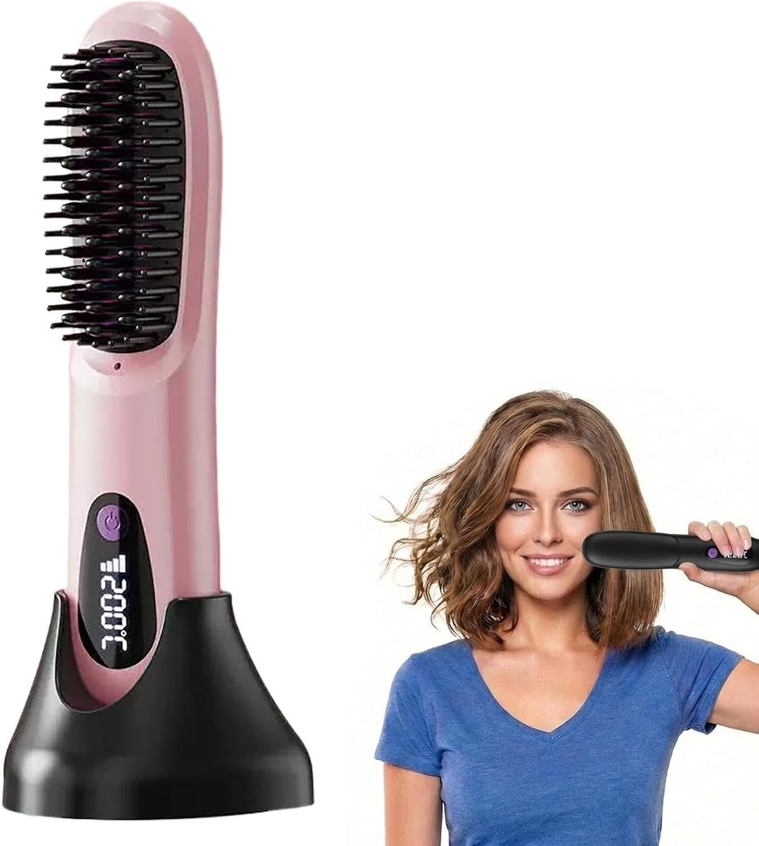 VHV - Stijltang - Draadloze stijltangborstel - Verwarmde haarborstel voor kort haar - Verwarmde styler met 3 standen - 20 seconden snelle opwarmtijd - Led-scherm - USB-opladen - Voor op reis en pluisvrije styling - Roze