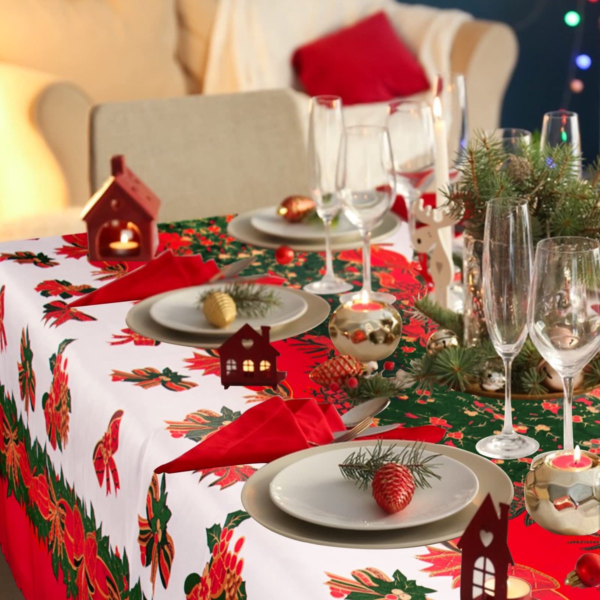 Dailygoody - Tafelkleed - Kerstmis - Wasbaar - Rood met strikken - Eettafel - 180 x 150 cm