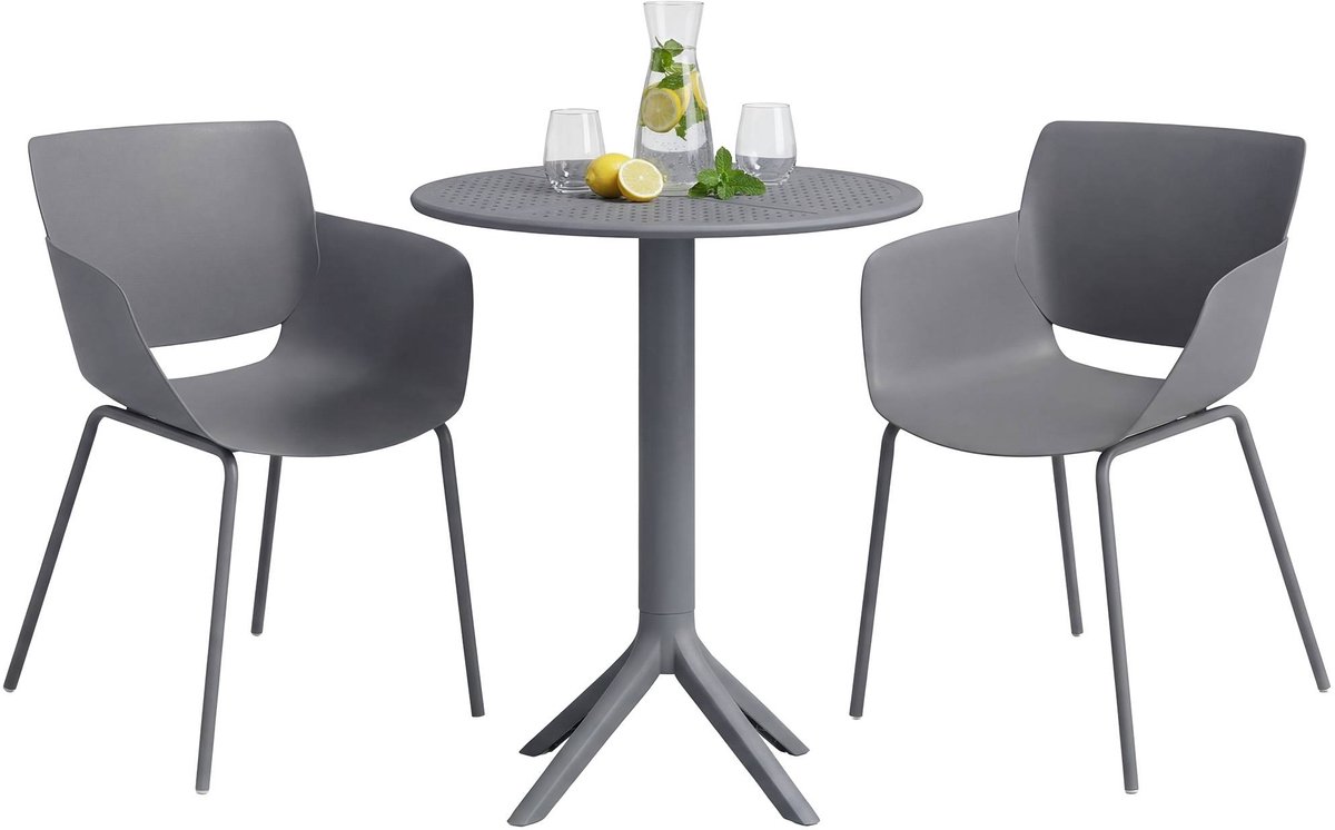 CLP Siora tuinmeubelset - 2 bistrostoelen - ronde tuintafel Ø60 cm - weerbestendige balkonset - voor terras en tuin - donkergrijs