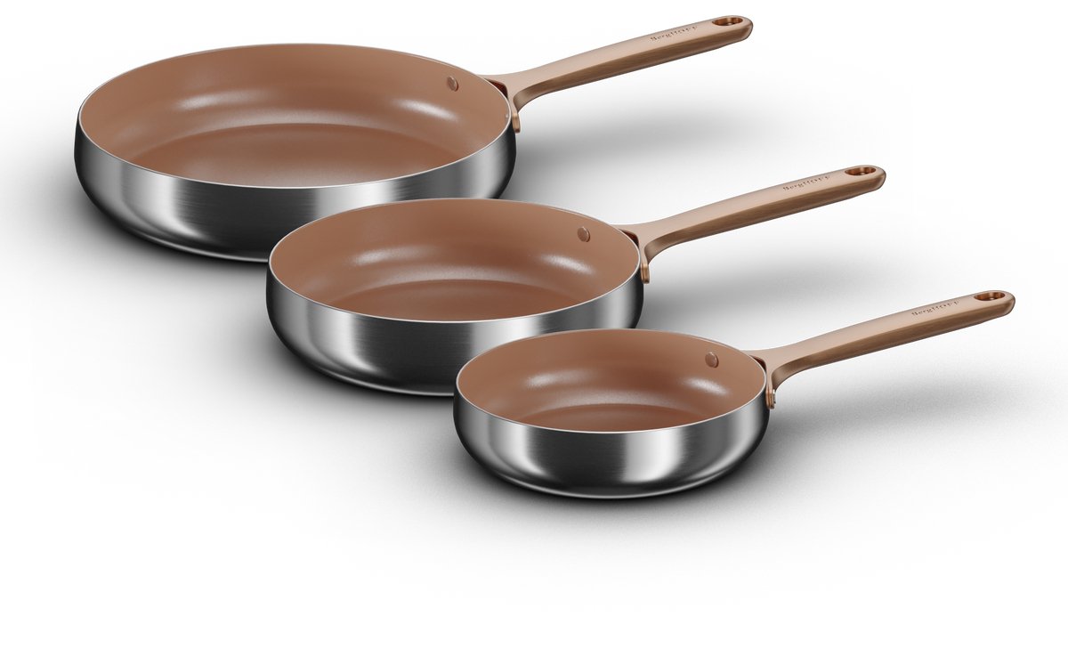 BergHOFF Home Belly Koekenpannen Set Ø 20 + 24 + 28 cm – PFAS-Vrije Antikleefpan – RVS Braadpan – Keramische Bakpan – Geschikt voor Inductie & Oven tot 230 °C – Warm Blush