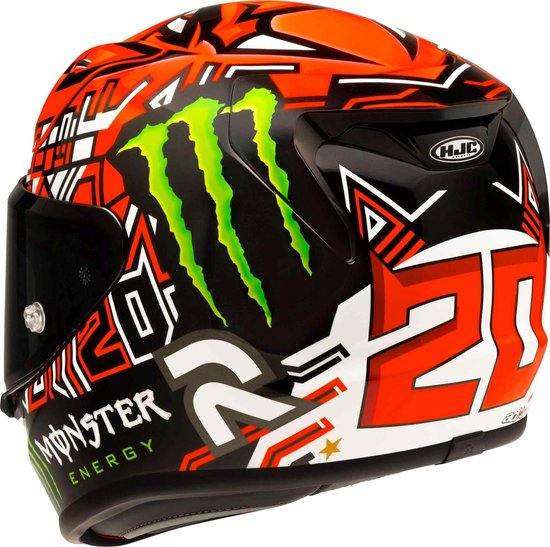 HJC motorhelm met zwart vizier, oranje en zwarte grafische patronen met Monster Energy logo's.