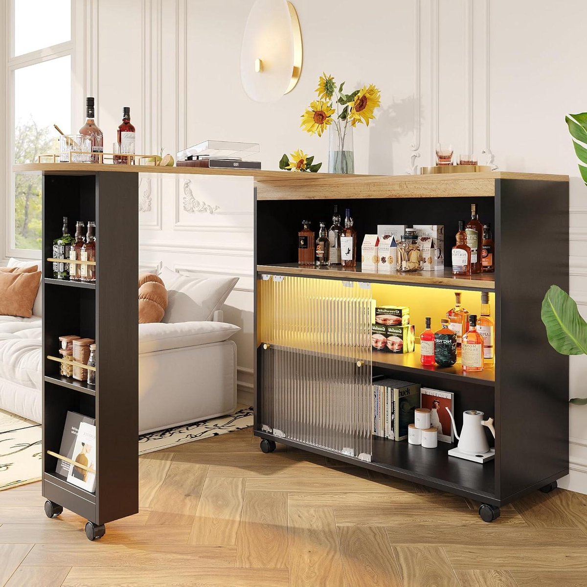 Uitschuifbare Bartafel - Hoge Tafel - Ruimte Besparen - Geïntegreerde LED Verlichting - 138-204 cm Lengte - Zwart