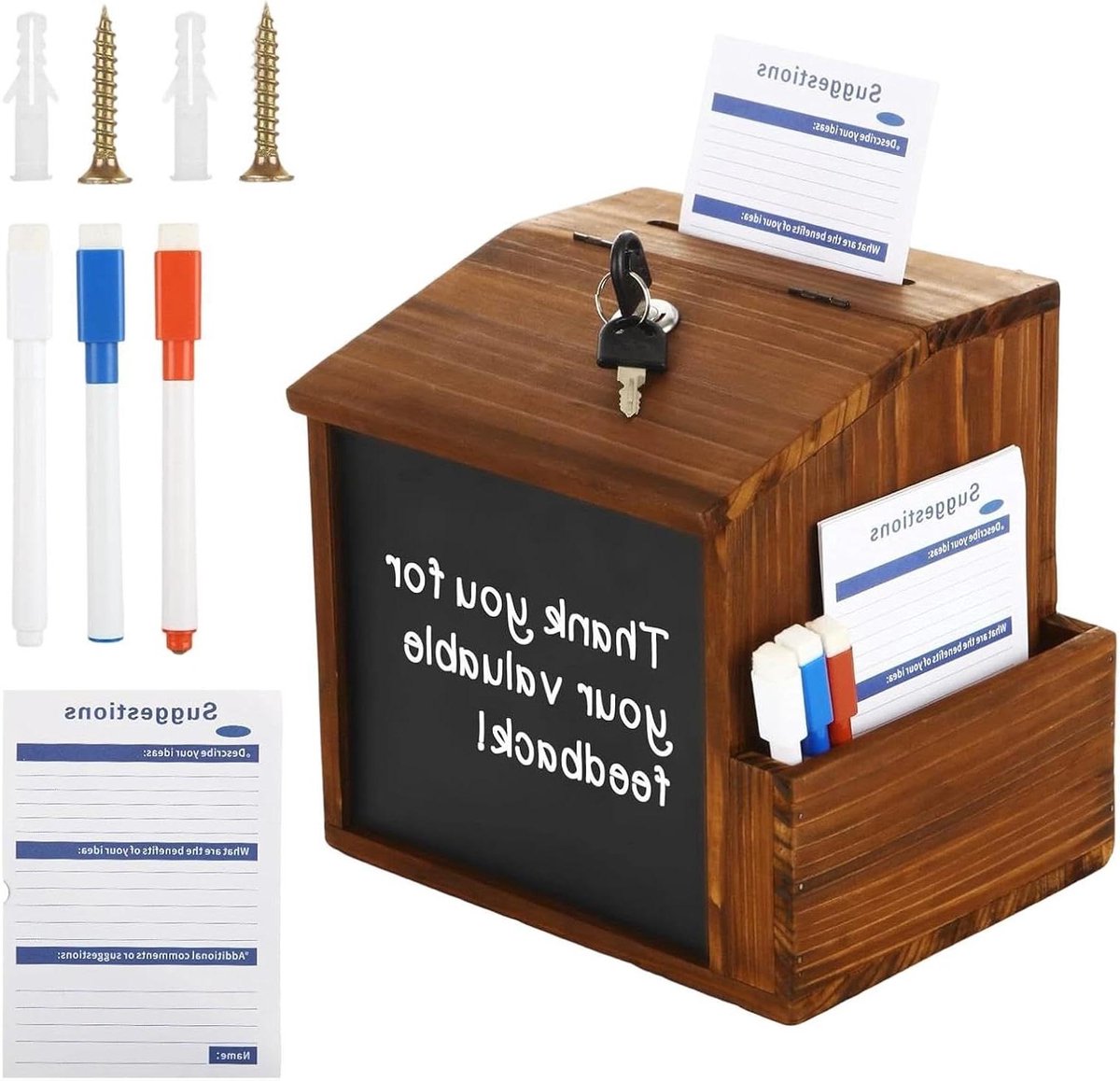 Opmerkingenbus met slot - Donatiebox Suggestiedoos - Geld Inzamelen - Configurabel schoolbordpaneel - 20 x 17 x 13 cm - Houtkleur