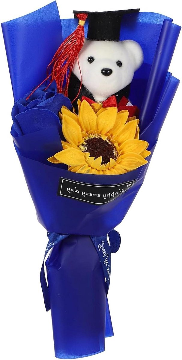 Pluche afstudeerboeket in de vorm van een beer: Afstudeerbloemstuk met kunstmatige zonnebloemen en rozen voor feestbenodigdheden, ceremoniedecoratie, blauw