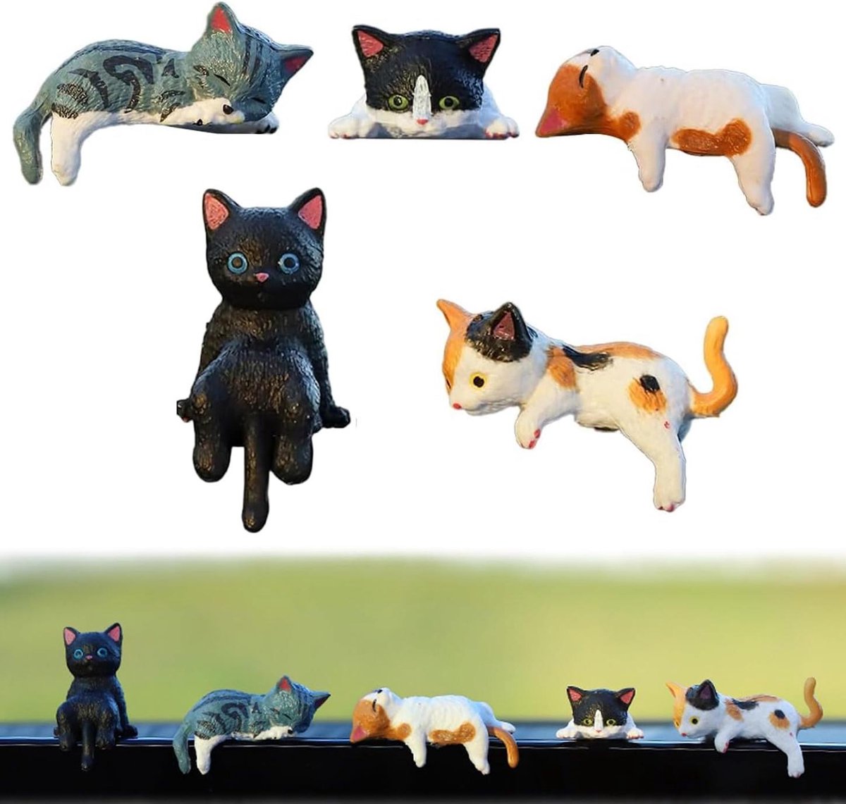 longziming - Mini Katten Beeldjes - Schattige Kattenfiguurtjes - Katten Decoratie Set - Veilige Dashboard Plaatsing - Weerbestendig Hars Materiaal - Duurzame Hars Constructie - Kleurrijke Artistieke Details - Veelzijdig Interieur Gebruik - 5 Stuks