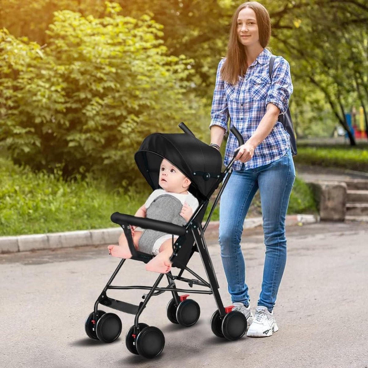 Kinderwagen met 4 wielen - Compacte wandelwagen baby - Veilig reizen met baby - Explosiebestendige schuimwielen