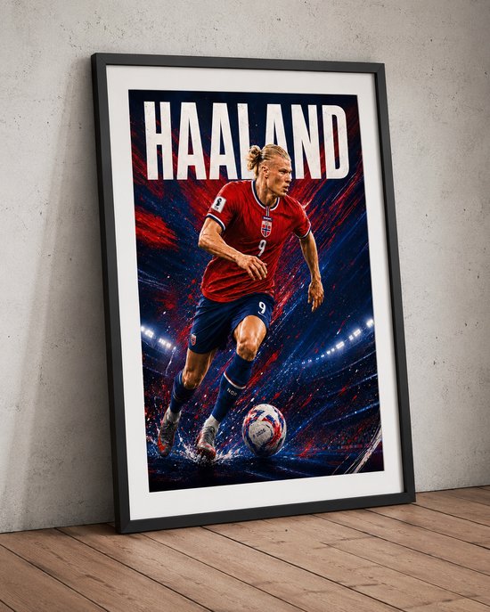 Haaland en tenue de football rouge, avec le drapeau norvégien et un effet explosif. Coure avec ballon.