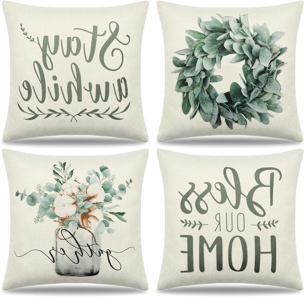 Set van 4 Decoratieve Kussenhoezen 40 x 40 cm met Eucalyptus Kransen en Groene Planten voor Buiten en Binnen, Perfect voor Sofa en Boerderijstijl Interieur