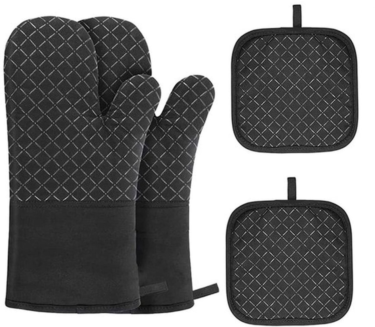 Ovenwanten en ovenhandschoenen set, hittebestendige keukenhandschoenen, antislip siliconen oppervlak, geschikt voor gebruik in de keuken, koken, bakken, grillen, zwart, 4-delige set.