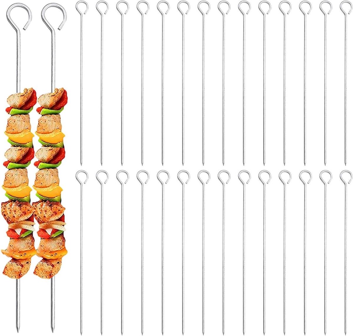 BBQ spiesen - Grillprikkers set - Vlees grillen - Plat roestvrij staal - 30 stuks - Zilver