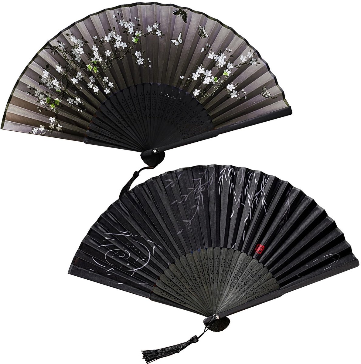 Dailygoods- Handwaaier Vintage - 2 Stuks - Opvouwbaar Bamboe - Bloemenpatroon - Stoffen Waaiers - 21 cm Ingeklapt - Vouwwaaier
