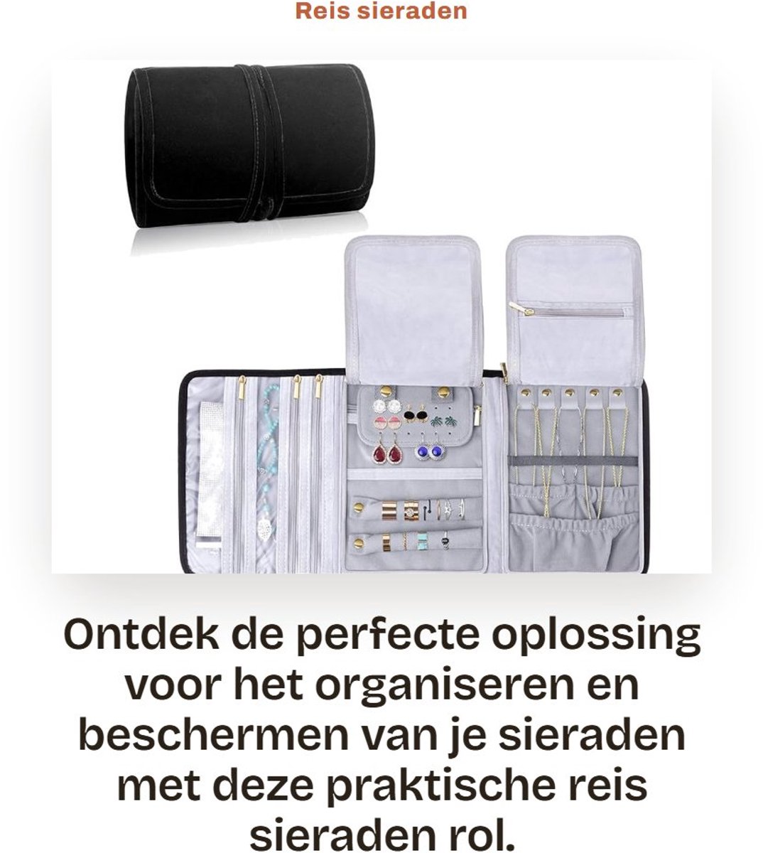 Dailygoods- Sieradenrol - Opvouwbaar Etui - 6 Zakken - Organiseren en Beschermen - Reisformaat - 44 cm x 19,5 cm Uitgerold - Sieradenetui